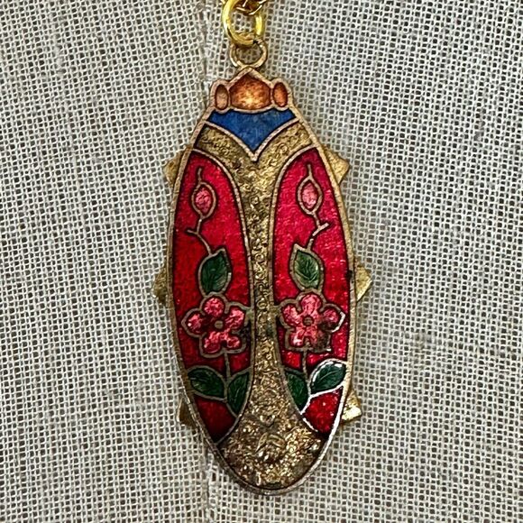 Vintage Cloisonné Enamel Ladybug Pendant Necklace - Picture 1 of 11